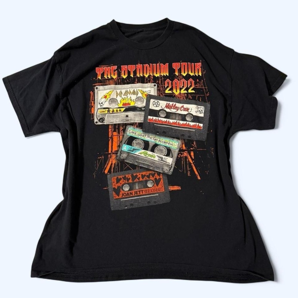 “The Stadium Tour”Black Graphic T-Shirt with Cassette Design: Various Bands EUC